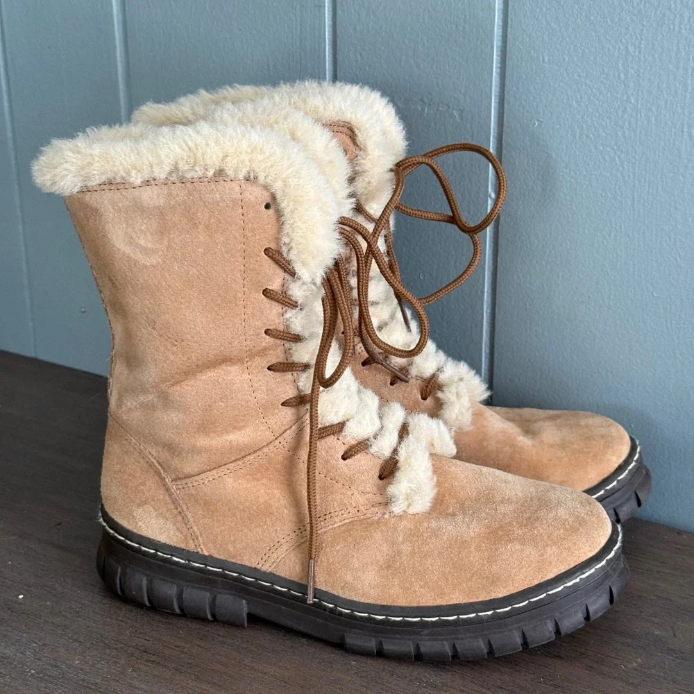 Natural Reflections Shearling-Lined Suede Leather Winter Boots Womens 6 Fur Trim